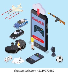 Downloading vector concept. Young couple enjoying leisure time together while downloading a game application on smart phone with game icons. Cartoon in 4k resolution