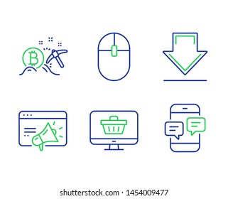 Downloading, Web shop and Seo marketing line icons set. Computer mouse, Bitcoin mining and Phone messages signs. Load information, Shopping cart, Megaphone. Pc equipment. Business set. Vector