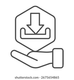 Baixe bloco de cesta em mão ícone de linha fina, conceito de acumulação de dados. Gráficos vetoriais. Mão com seta para baixo carga e sinal de bandeja no fundo branco, ícone de estilo de contorno para design móvel ou web