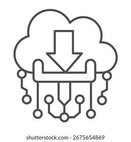 Baixe cesta no ícone de linha fina de nuvem, conceito de acumulação de dados. Gráficos vetoriais. Armazenamento em nuvem baixa e conecta links assinar em fundo branco, ícone de estilo de estrutura de tópicos para design móvel ou web