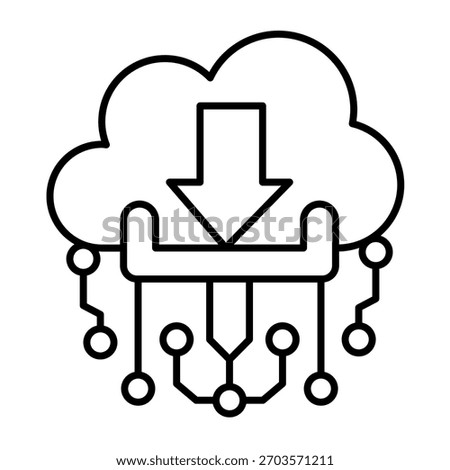 Downloads basket on cloud thin line icon, data hoarding concept. Vector graphics. Cloud storage downloads and connect links sign on white background, outline style icon for mobile or web design