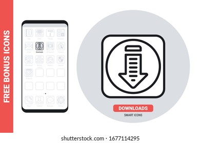 Downloads or download folder application icon for smartphone, tablet, laptop or other smart device with mobile interface. Simple black and white version. Contains free bonus icons