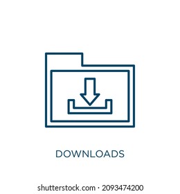 Download-Symbol. Dünne lineare Downloads umreißen Symbol einzeln auf weißem Hintergrund. Zeilenvektordownloads-Zeichen, Symbol für Web und Mobile