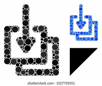 Downloads mosaic of small circles in variable sizes and shades, based on downloads icon. Vector filled circles are composed into blue mosaic. Dotted downloads icon in usual and blue versions.