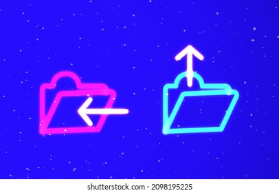 Download-upload file neon private collection. Upload unique super bright neon linear folder vector. Light burst. Design element linear neon icon. Great ad every night. Banner with blank.