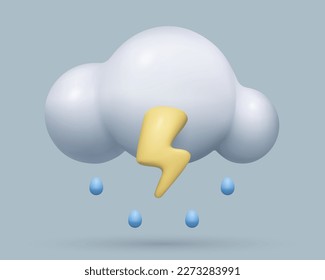 Downpour 3d weather icon storm cloud with lightning and raindrops realistic three dimensional illustration on grey sky background. Cute cartoon plastic design elements.