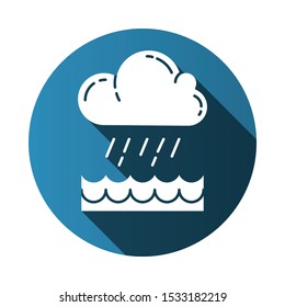 Downpour blue flat design long shadow glyph icon. Cloud, heavy rainfall, incoming water. Rainstorm. Torrential, pouring rain over of water. Monsoon season. Vector silhouette illustration
