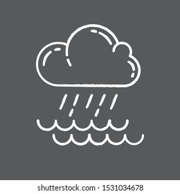 Downpour chalk icon. Cloud, heavy rainfall, incoming water. Rainstorm. Torrential, pouring rain over of water. Meteorological phenomenon. Monsoon season. Isolated vector chalkboard illustration