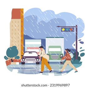 Downpour in city, raining bad weather conditions. People crossing street, deluge or flooding in town. Cityscape with drops and puddles on streets. Meteorology and seasonal change. Vector in flat style