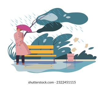 downpour with strong wind, bad weather conditions in cit or town. Female character holding umbrella hiding from rainstorm. heavy rain in park, flooding and deluge. Vector in flat style illustration