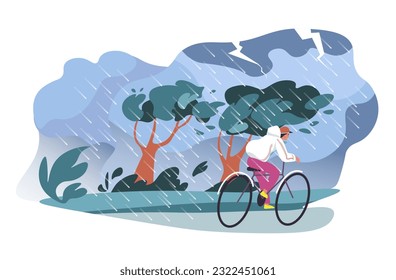 Downpour in village or rural area. Bad weather and meteorological conditions. Raining and rainstorms with heavy drops, and storm, wind gust. man on bike soaking wet. Vector in flat style illustration