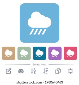 Downpour weather white flat icons on color rounded square backgrounds. 6 bonus icons included