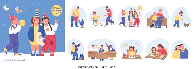 Downs syndrome flat composition set with down day celebrations and variety of skill development fun and education for children and teens vector illustration