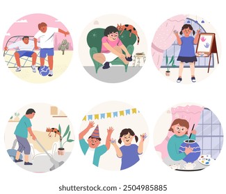 Downs syndrome flat composition set with down day celebrations and variety of skill development fun and education for children and teens vector hand drawn flat illustration.