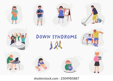 Downs syndrome flat composition set with down day celebrations and variety of skill development fun and education for children and teens vector hand drawn flat illustration.