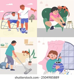 Downs syndrome flat composition set with down day celebrations and variety of skill development fun and education for children and teens vector hand drawn flat illustration.