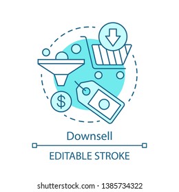 Downsell concept icon. Sale method idea thin line illustration. Automated sales funnel. Lower decision threshold. Business management. CRM system. Vector isolated outline drawing. Editable stroke