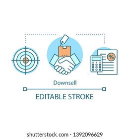 Downsell concept icon. Sale method idea thin line illustration. Automated sales funnel. Lower decision threshold. Cheaper alternative of product. Vector isolated outline drawing. Editable stroke