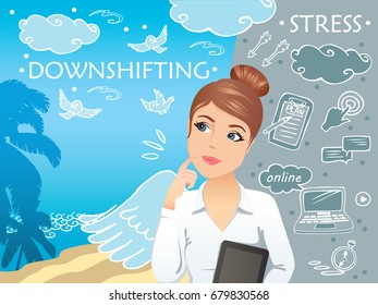 Downshifting concept. Flat design colorful illustration / Cute woman thinks and compares work in the office and freelancing. Downshifting cartoon character in vector