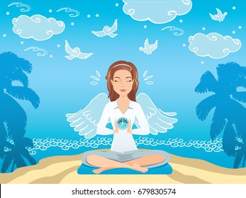 Downshifting concept. Flat design colorful illustration. Freelancer changes lifestyle to be happy. Cute woman seating and relaxing near the sea. Downshifting cartoon character in vector