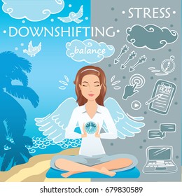 Downshifting concept. Flat design colorful illustration. Freelancer changes lifestyle. Cute woman thinks and compares work in the office and freelancing. Downshifting cartoon character in vector