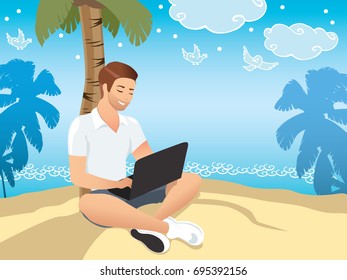 Downshifting concept. Flat design colorful illustration. Freelancer changes lifestyle to be happy. Handsome man seating and working near the sea. Downshifting cartoon character in vector