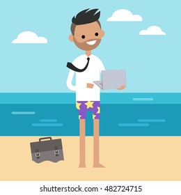 Downshifting concept: Flat illustration of happy freelancer enjoying his distant working on the beach

