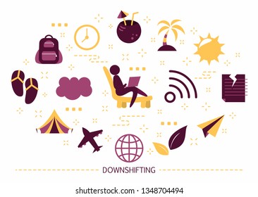Downshifting concept. Idea of freedom and freelance. Avoiding stress in office. Comfortable lifestyle. Set of colorful icons. Isolated flat vector illustration