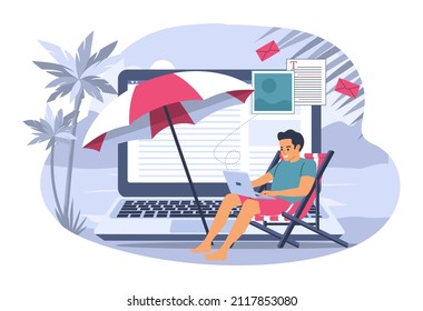 Concepto de cambio descendente. Joven trabajando a distancia creando contenido. Ilustración vectorial.