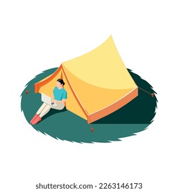 Downshifting escape people isometric icons composition with human character getting away vector illustration