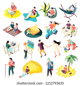 Downshifting escaping work stress relaxing people with life fulfilling career changes isometric icons collection isolated vector illustration