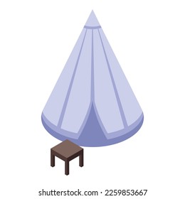 Downshifting travel tent icon isometric vector. Laptop work. Summer escape