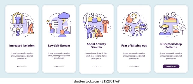 Downsides of social media onboarding mobile app screen. Negative effects walkthrough 5 steps graphic instructions pages with linear concepts. UI, UX, GUI template. Myriad Pro-Bold, Regular fonts used