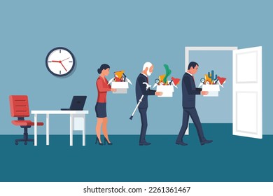 Downsizing concept. Dismissal of employees. Sad people with a box in their hands leave work. Employee job reduction, unemployment, and the crisis in the job. Vector illustration flat design.