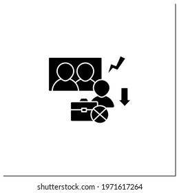 Downsizing glyph icon.Company labor force reduction.Unproductive workers elimination. Fired worker. Staff reduction.Unemployment concept.Filled flat sign. Isolated silhouette vector illustration