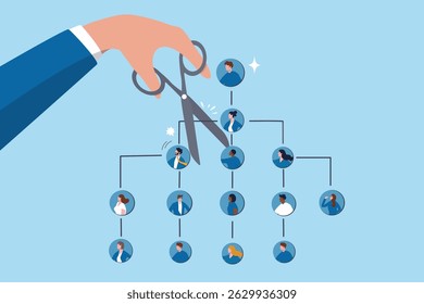 Downsizing or layoff employee, contract termination, loss job from redundancy, dismissal workforce, restructure company, unemployed or outsourcing, businessman hand cut job from organization chart.