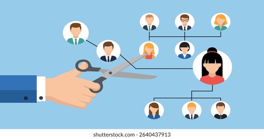 Downsizing or layoff employee, contract termination, loss job from redundancy, dismissal workforce, restructure company, unemployed or outsourcing, businessman hand cut job from organization .