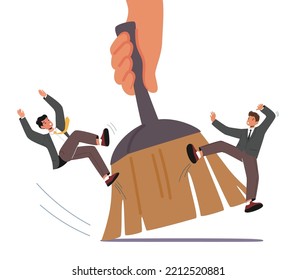 Downsnizing, Company Personnel Reduction And Dismissal Concept. Huge Leader Hand Sweep Team Of Business People. Employee Characters Layoffs Due To Crisis Or Budget Cut. Cartoon Vector Illustration