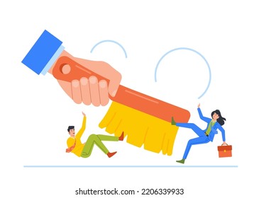 Downsnizing, Personnel Reduction Concept. Huge Company Leader Hand Sweep Team Of Business People. Employee Characters Dismissal Due To Crisis Or Budget Cut Metaphor. Cartoon Vector Illustration