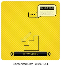 Downstairs icon. Direction arrow sign. Chat speech bubbles. Orange line background. Vector