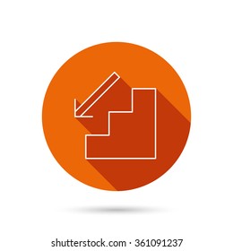 Downstairs icon. Direction arrow sign. Round orange web button with shadow.
