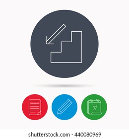 Downstairs icon. Direction arrow sign. Calendar, pencil or edit and document file signs. Vector