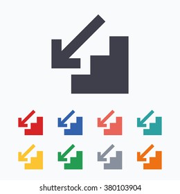 Downstairs icon. Down arrow sign. Colored flat icons on white background.