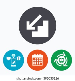 Downstairs icon. Down arrow sign. Mobile payments, calendar and wifi icons. Bus shuttle.