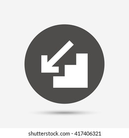 Downstairs icon. Down arrow sign. Gray circle button with icon. Vector