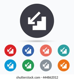 Downstairs icon. Down arrow sign. Circle buttons with downstairs icon. Vector
