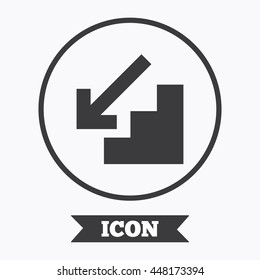 Downstairs icon. Down arrow sign. Graphic design element. Flat symbol in circle button. Vector