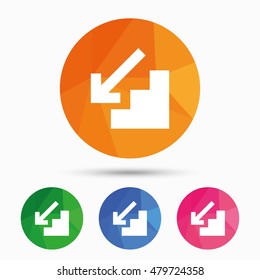 Downstairs icon. Down arrow sign. Triangular low poly button with flat icon. Vector
