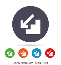 Downstairs icon. Down arrow sign. Round colourful buttons with flat icons. Vector