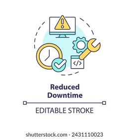 El tiempo de inactividad reduce el icono de concepto multicolor. Herramientas de supervisión del mantenimiento del servidor. Análisis de rendimiento, optimización de procesos. Ilustración de línea de forma redonda. Idea abstracta. Diseño gráfico. Fácil de usar